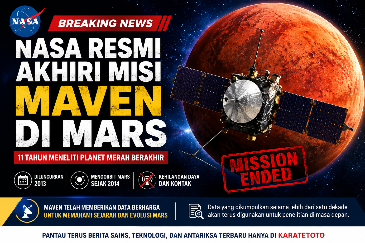 NASA Resmi Akhiri Misi MAVEN di Mars Setelah Kehilangan Daya dan Kontak